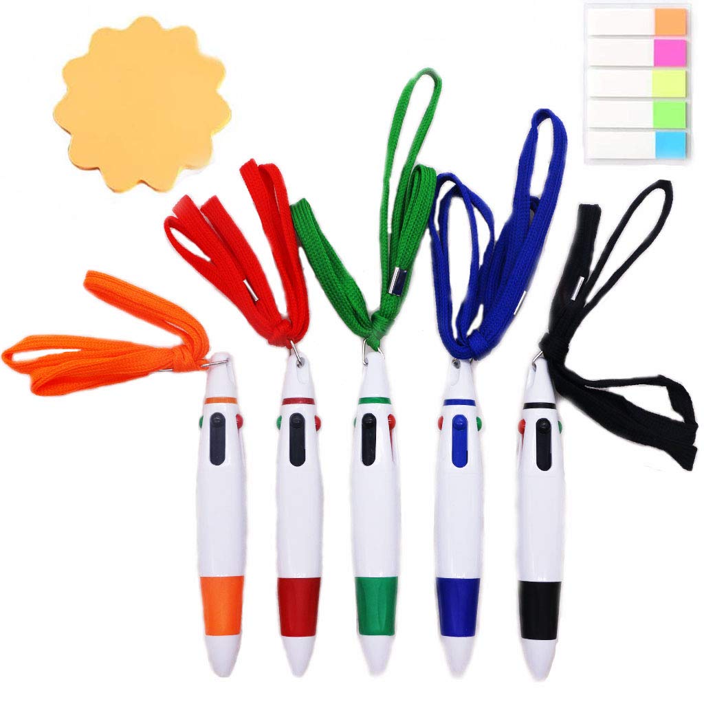 AEKAN Multicolor Retractable Shuttle Pens 0.7mm 4 Color Ink(Black, Blue, Red, Green) in One Ballpoint Pens with Lanyard On Top for School, Scribble Activity, Party (5 PCS lanyard shuttle pens)