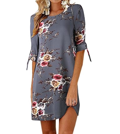 Ajpguot Sommerkleid Damen T-Shirt Kleid Rundhals Kurzarm Minikleid Blumen Strandkleider Langes Shirt Lose Tunika mit Bowknot 