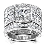 Hiyong Princess Cut Wedding Rings Set - Square Cluster CZ Enhancer Guard 3pcs Halo Bridal Bands Size 5-11