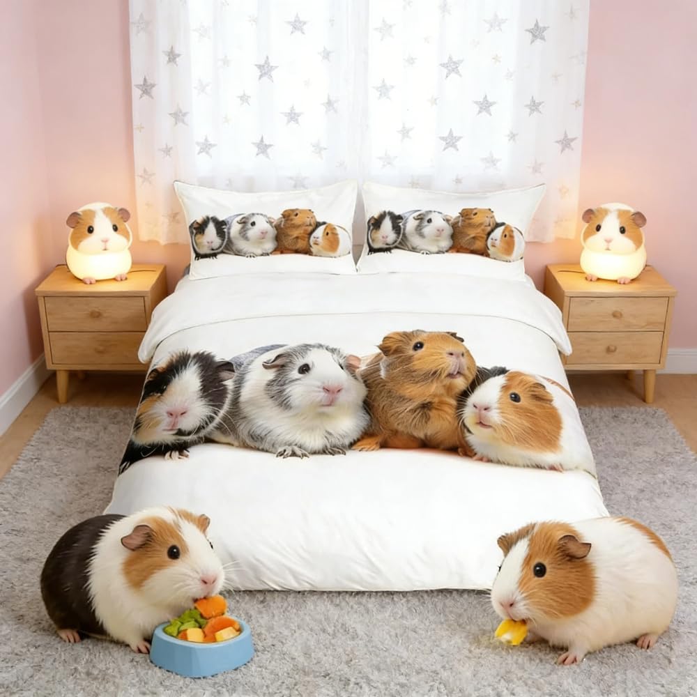 Loussiesd Cute Guinea Pig Bedding Set for Girls Boys Children Kids 3D Pet Mouse Comforter Cover Funny Animal Printed Duvet Cover Child Room Decor Bedspread Double Size Bedding Collection 3Pcs