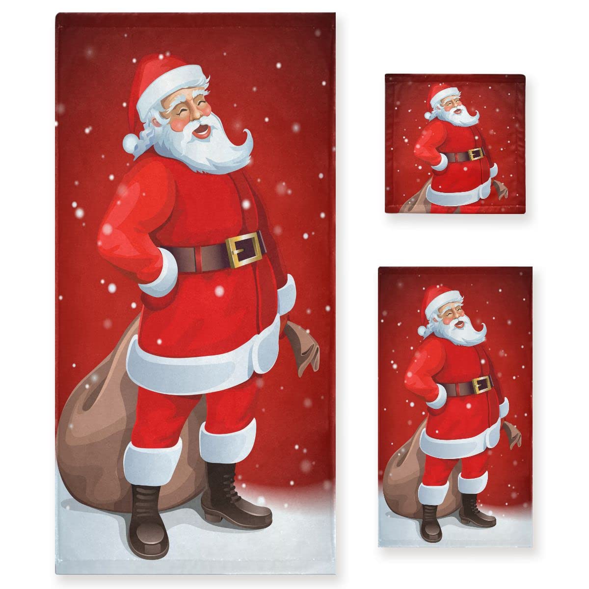 ALAZA Bath Towels Set of 3, Microfibre Towel Bathroom Linen Christmas Theme Santa Claus and His Gift Towels Set Gift with 1 Face Towel 1 Hand Towel 1 Bath Towel Sheet, Absorbent Bathroom Accessories