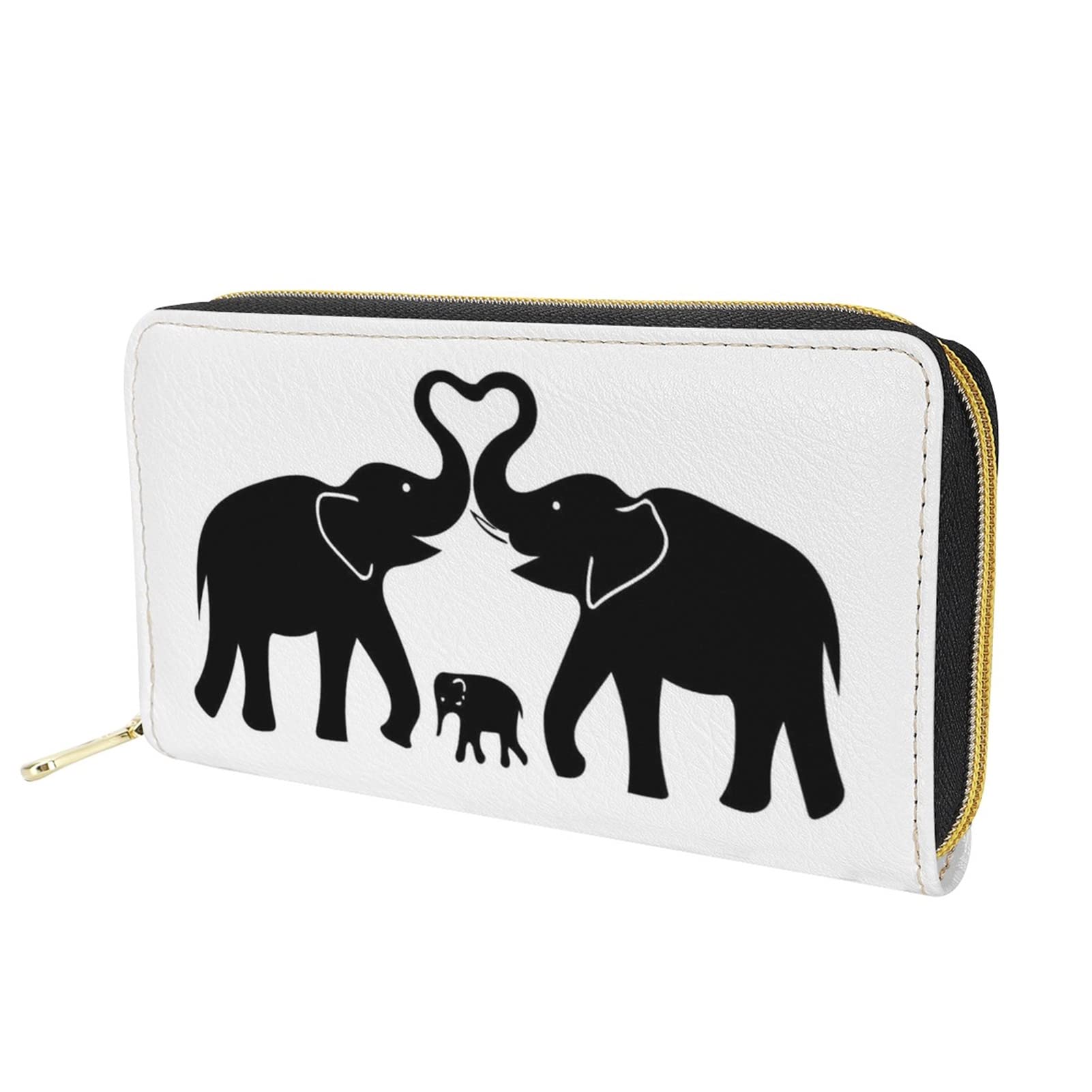 Dolyues Black Cartoon Elephant Family Print Women Pu Leather Wallet Purse Fashion Credit Card Holder Long Zipper Cash Bags Clutch with Coin Pocket
