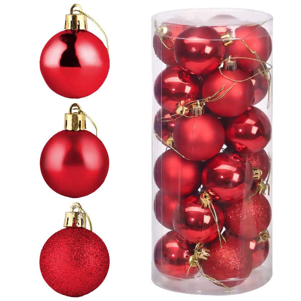 POFET 24pcs 4cm Red Christmas Tree Balls Baubles Ornament Pendant for Xmas Festival Party Garden Decorations