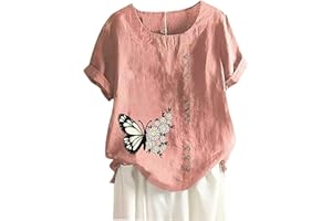 ATTINE Holiday Shirts for Women Dressy, Women's Plus Size Linen Tops Short Sleeve Blouse Round Neck Casual Loose Fit Shirts
