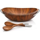 nambe Braid Salad Bowl with Servers | 3-Piece Set | Large Wooden Serving Bowl for Caesar Salad, Large Salads | Big Salad Bowl with Serving Utensils | Made of Chrome &amp; Acacia Wood (20&rdquo; L x 16&rdquo; W)
