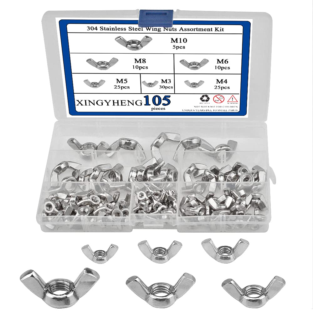 BGTXINGI 105Pcs 6 Kinds 304 Stainless Steel Wing Nuts M3 M4 M5 M6 M8 M10 Butterfly Wing Nuts Anti-Slip Anti-Loose Assortment Kit