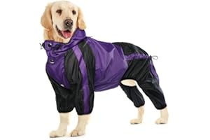 OUOBOB Dog Raincoat, Waterproof Dog Rain Coats for Large Dogs, Lightweight Rain Jacket, Adjustable 4 Legs Pet Poncho with Hood, Snow-Proof Dog Vest Rainwear, Rain Clothes Apparel with Leash Hole