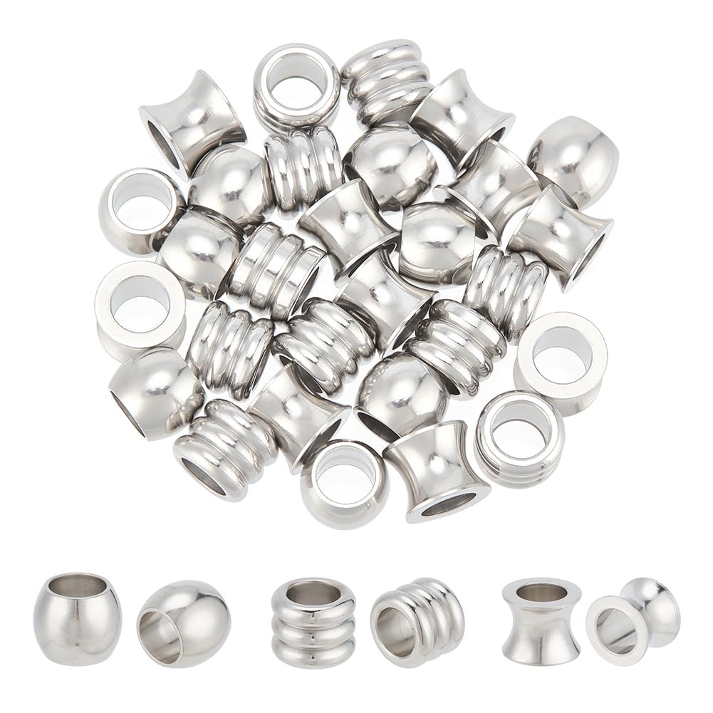 UNICRAFTALE 30pcs 3 Styles Vase/Column/Barrel European Beads Stainless Steel Loose Beads 6mm Large Hole Bead for DIY Jewelry Findings Making Stainless Steel Color