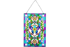 Viveta Butterfly Stained Glass Window Hangings, 10" W x 15" H Suncatcher Panel Windows Wall Decor with Metal Frame & Chain