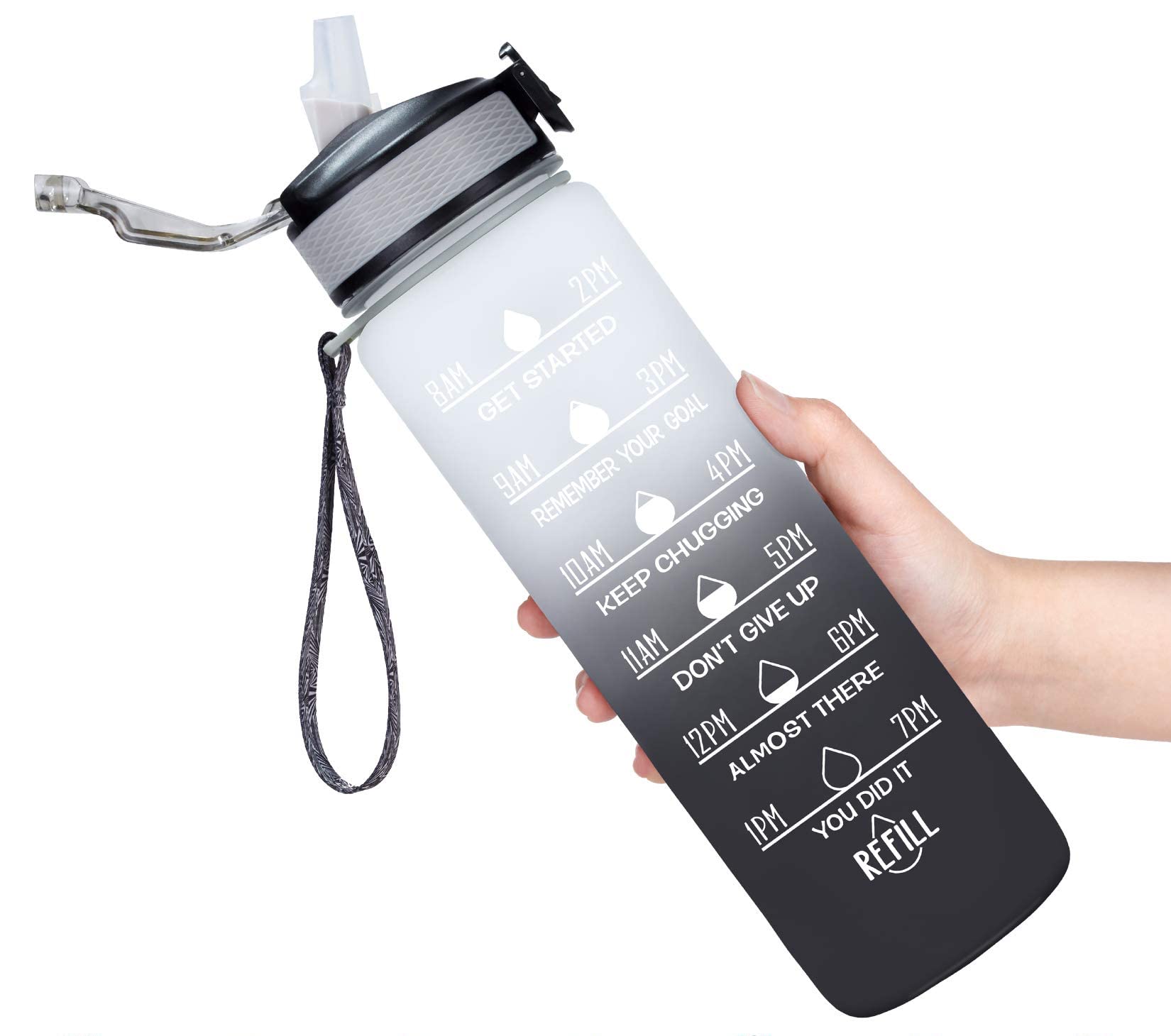 WANGCL 32oz Water Bottle with Straw Motivational Time Marker Portable Reusable Fitness Sports and Outdoor Water Jug（White/Blank Gradient）