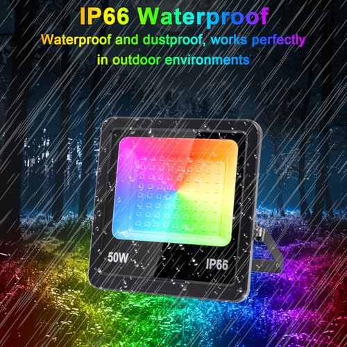 Indmird 2 x LED RGB Outdoor Spotlight 50 W, Outdoor RGB LED Projector with 2.4 G Remote Control and Bluetooth App, IP66 Waterproof Dimmable LED Spotlights Colours for Halloween Christmas Garden Party