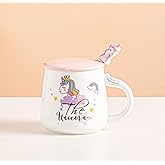 Urban Tokyo Cute Unicorn Ceramic Cup with Lid and Spoon, 13 fl oz Magical Rainbow Unicorn Lovers Novelty Mug