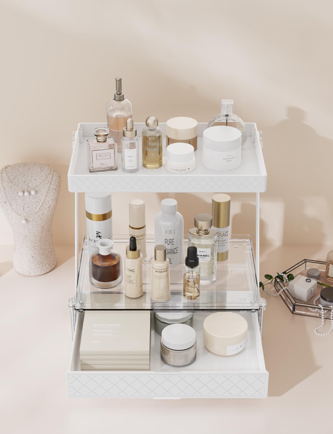 Photo 1 of NEATORA 2 Tier Bathroom Countertop Organizer, Z-Shaped Vanity Organizer with Sliding Tray & Drawer, Skincare, Makeup & Perfume Storage Organizer, Acrylic office, Dresse & Desk Organizer