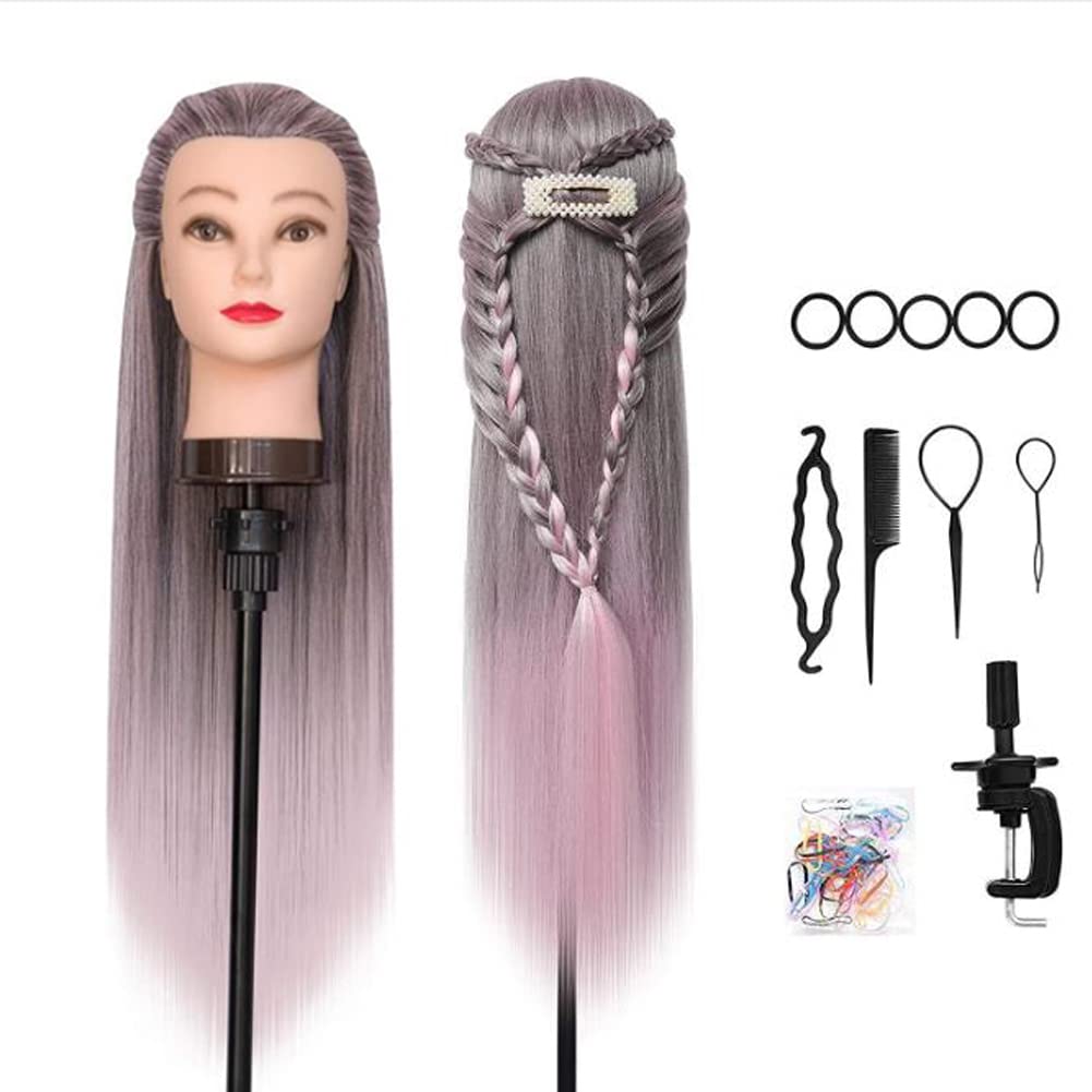 Training Head, DanseeMeibr Plus 26-28 Inch 100% Synthetic Fiber Hair Soft Mannequin Head Professional Hairdressing Head for Hair Styling Practice with Dolls Head Accessories+ Table Clamp