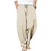 PACEIADTA Men's Cotton Linen Drawstring Pants Elastic Waist Casual Summer Beach Pants