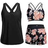 Holipick 3 Piece Tankini Swimsuits for Women Tummy Control Bathing Suits Swim Tank Top with Bra Boy Shorts Teen Swimwear