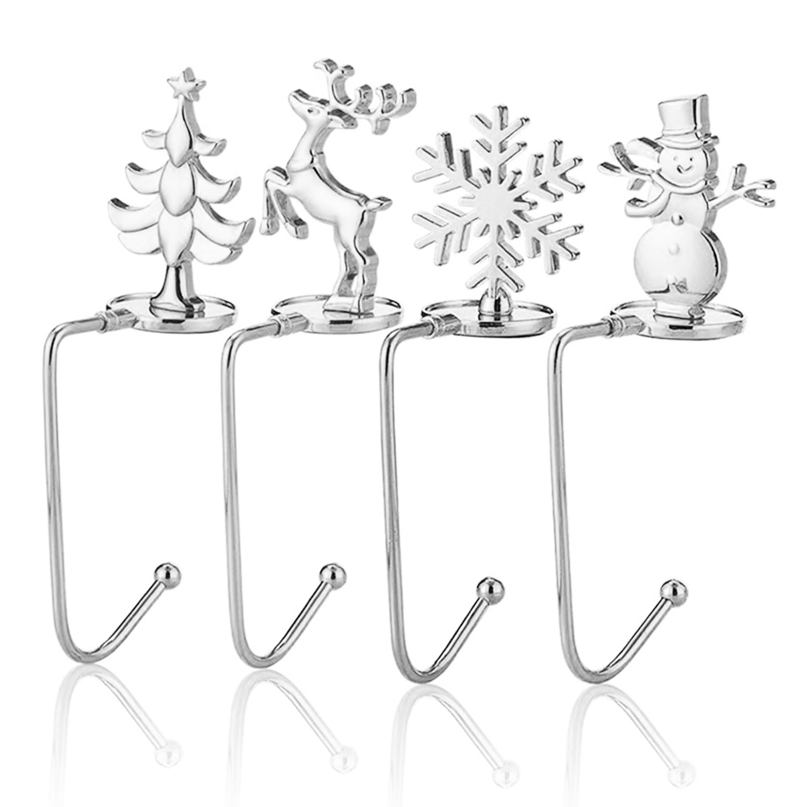 heigudan 4 PCS Christmas Stocking Hooks Holder, Christmas Tree Snowflake Reindeer Snowman Stocking Hangers, Anti Skid Safety Metal Hang Grip for Mantle Fireplace Christmas Party Decoration (Silvery)