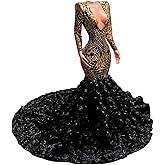 Long Sleeve V Neck Mermaid Sequined Organza Prom Evening Shower Party Dress Pageant Celebrity Gown