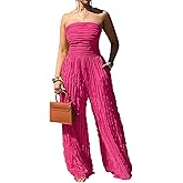 XYZDRESSOR Women Sexy Strapless Tube Backless Jumpsuit See Through V Neck Tie Pleated One Piece Wide Leg Long Pants Romper