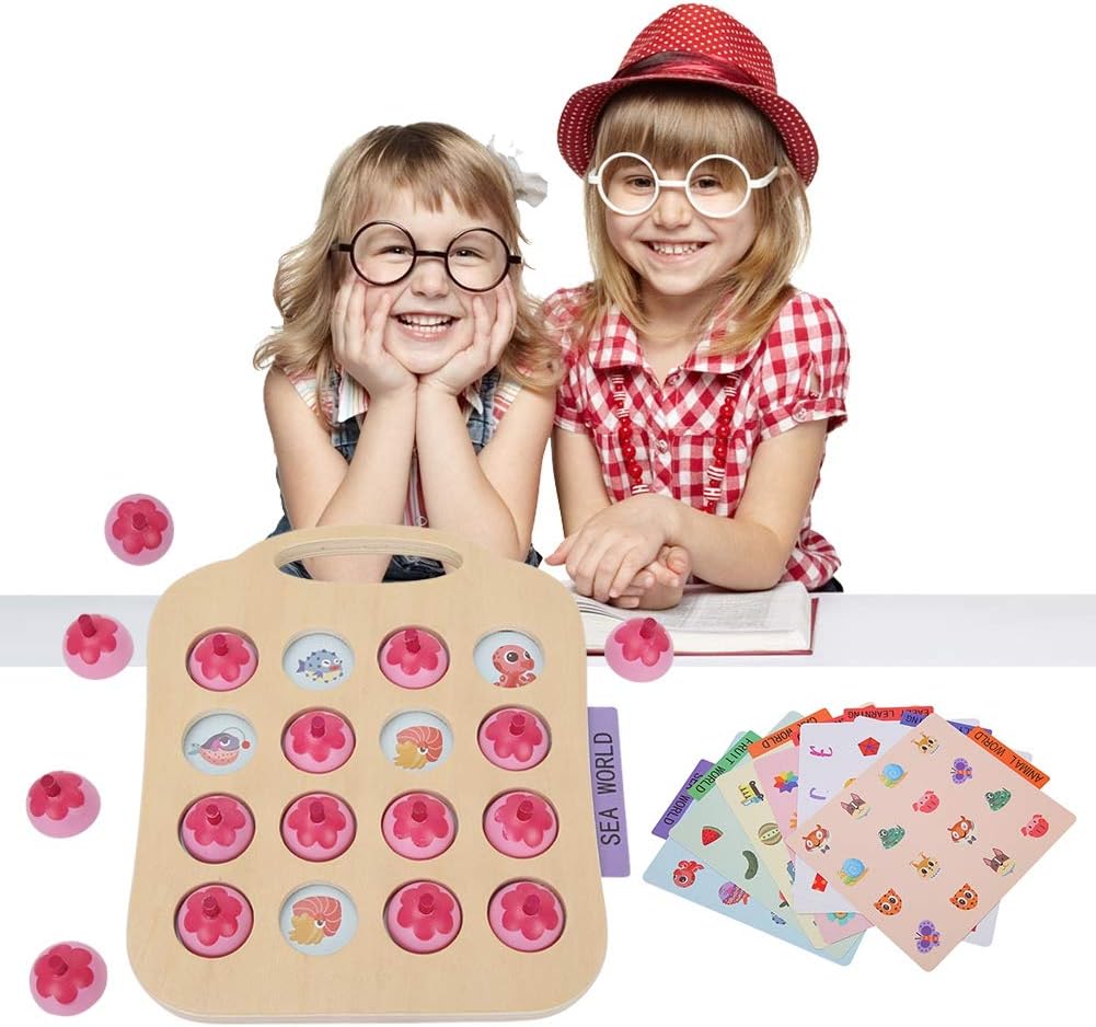 Zerodis Memory Matching Chess Toy, Wooden Pairing Puzzle Game Playset, 6 Big Patterned Cards, Pink, Ages 3-6 - Image 5