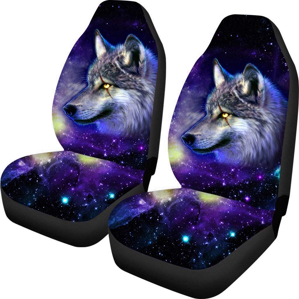 Coloranimal 3D Galaxy Wolf Pattern Set of 2 Front Car Seat Cover Full Accessories for Auto Fit More Cars Truck Suv Van Automoive Breathable