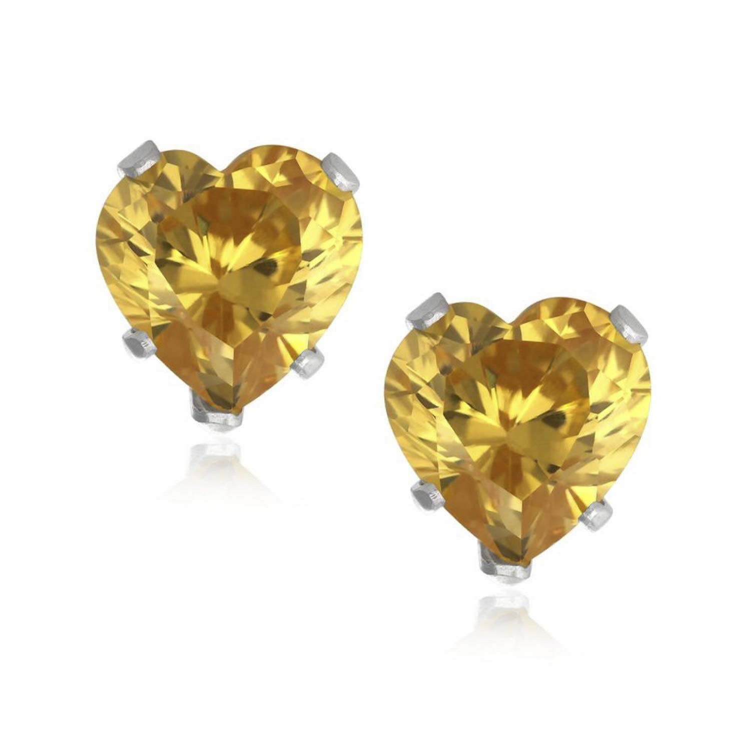 6MM Heart Cut CZ Birthstone Stud Earrings/Ear Studs for Women - 925 Sterling Silver - Yellow Citrine