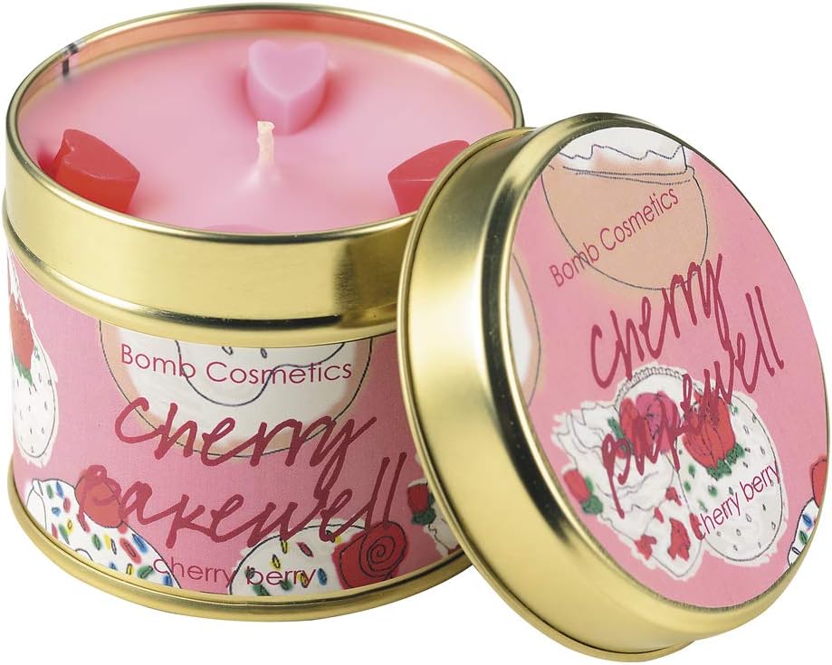 Bomb Cosmetics Cherry Bakewell Scented Tin Candle; Cherry Almond Cake Fragrance; Contains Pure Bergamot & Clary Sage Essential Oils; Vegan Friendly; 30-35 Hour Burn