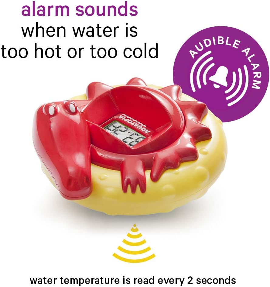 Aquatopia Charlie Crocodile Baby Bath Thermometer with Digital Audible Alarm, Floating Toy, Beeps Too Hot or Too Cold, Red