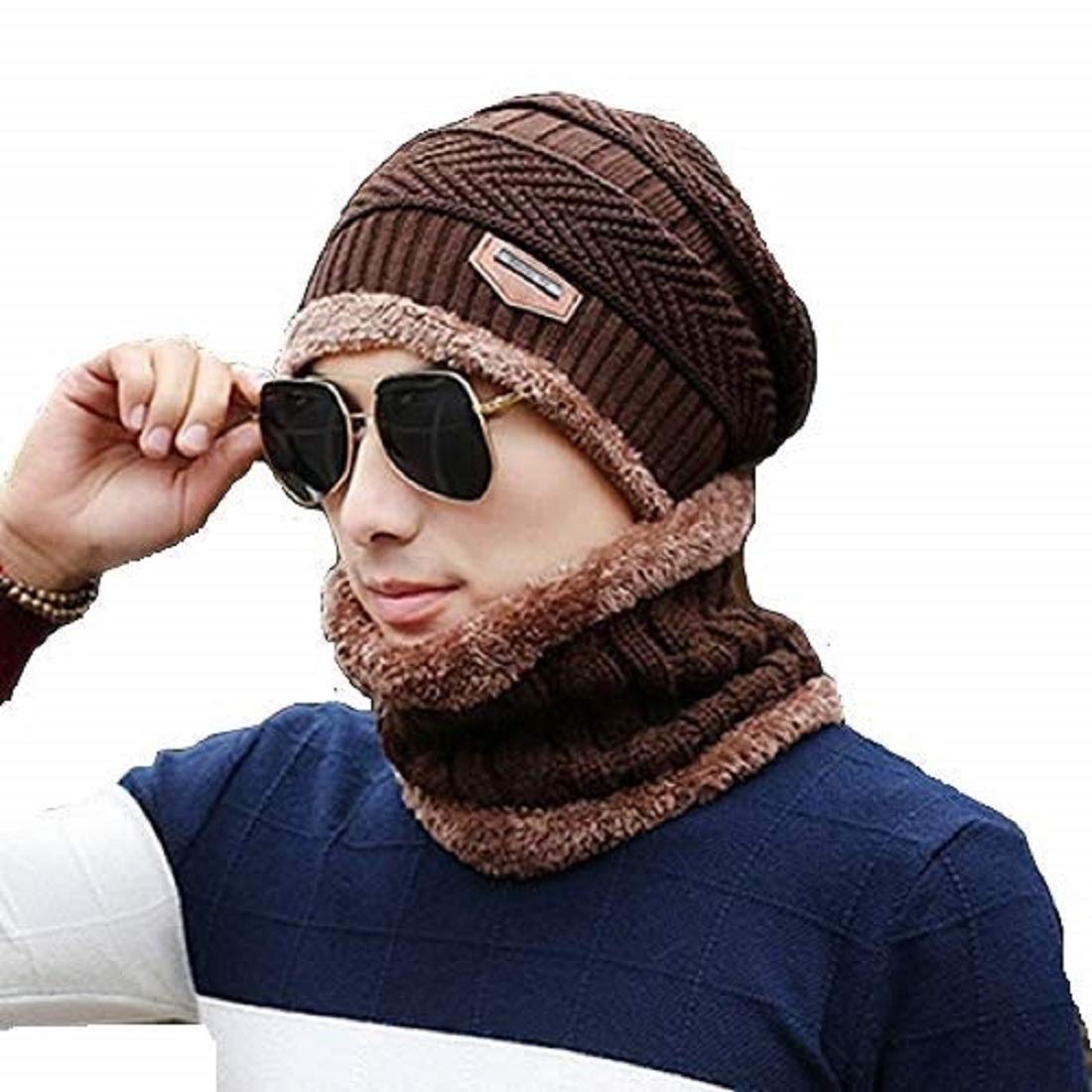 Men's Woolen Cap with Neck Muffler/Neckwarmer Set of 2 Free Size (Brown
