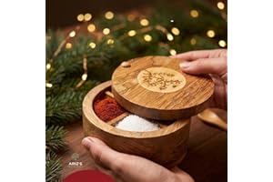 4 section Premium Mango Wooden Spice Box Masala Dabba Spice Cellar Kitchen Storage Container Airtight Swiveling Magnet Floral