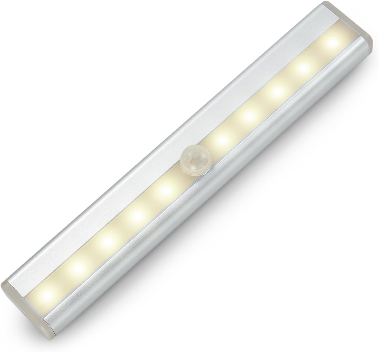 Motion Sensor LED Night Light, LNGOOR Built-in Rechargeable Battery Under Cabinet Light, Portable Wireless 10-LED Night Light Bar Removable Magnet for Closet Stairs Bedroom-Warm Yellow