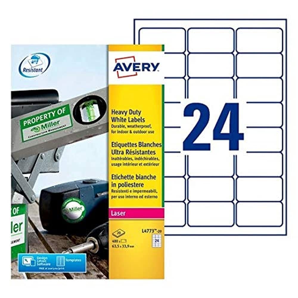Avery L4773-20 480x Ultra-Resistant Labels 63.5 x 33.9 mm White for Laser Printers