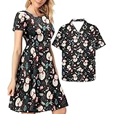 AmzPrint Couple Christmas Shirt and Dress Womens Elegant Short Sleeve Round Neck Cocktail Party Green Xmas Swing Dress