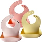 Moonkie 3Pcs Silicone Baby Bibs Waterproof Feeding Bibs Pink Yellow Soft Pocket