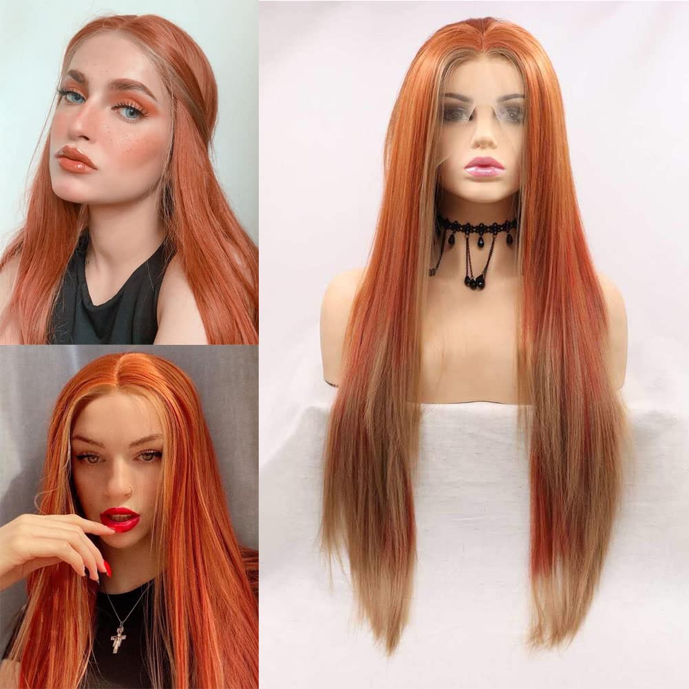 AFBeauty Orange Brown Lace Wig Long Straight Auburn Lace Front Wig Pre Plucked Synthetic Middle Part Wig Heat Resistance Fiber Daily Makeup Wigs for Women 24 Inch