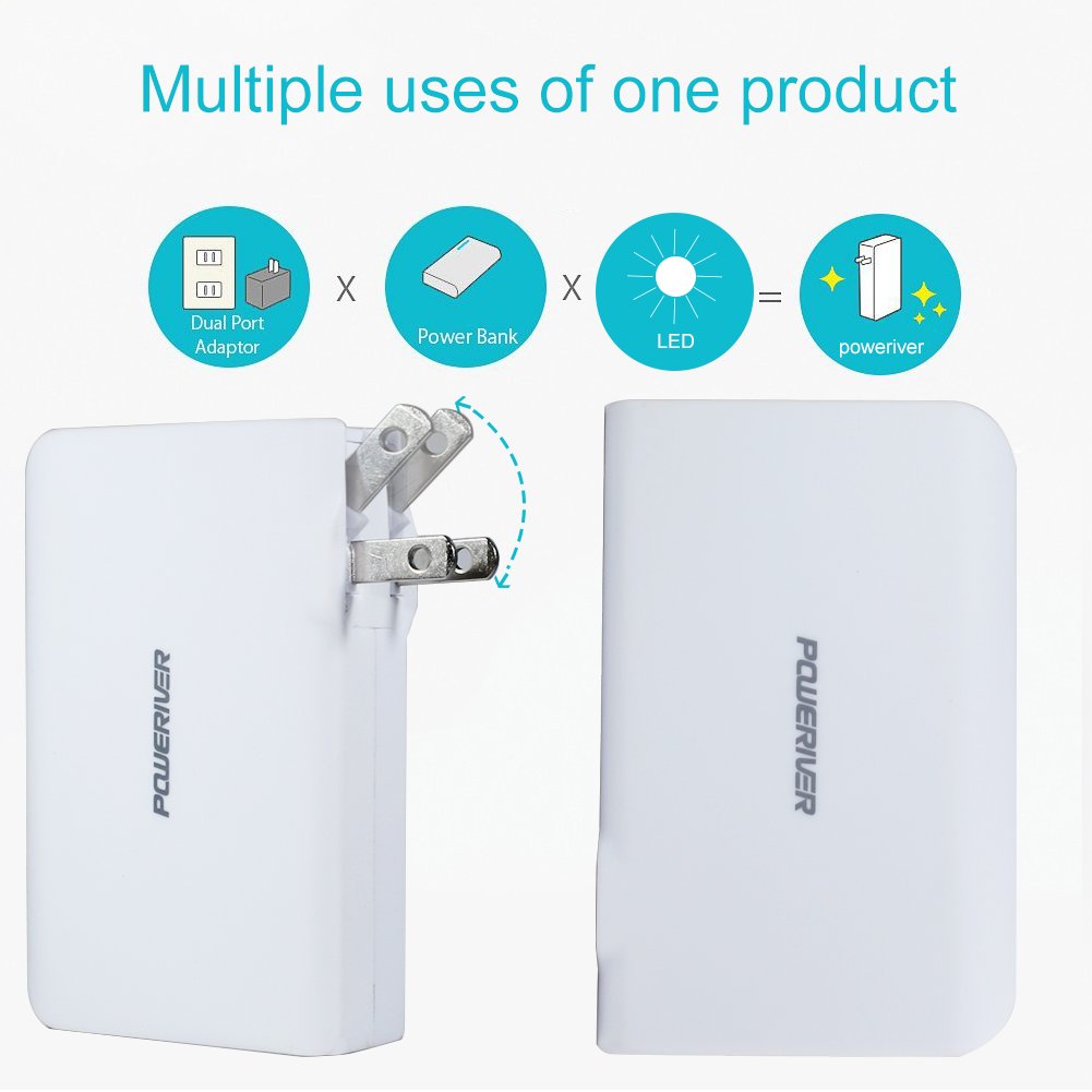 Wall Charger Power Bank, Poweriver Battery Portable Charger, 2-in-1 5000mAh with Foldable AC Plug for iPhone, iPad, Android, Tablets, Samsung Galaxy and More-White