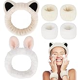 KIUEZIR 6pcs Ears Spa Headband and Wristband Set, Cute Cat Ears and Bunny Ears Makeup Headbands for Washing Face, Coral Fleece Elastic Head Band for Women Girls