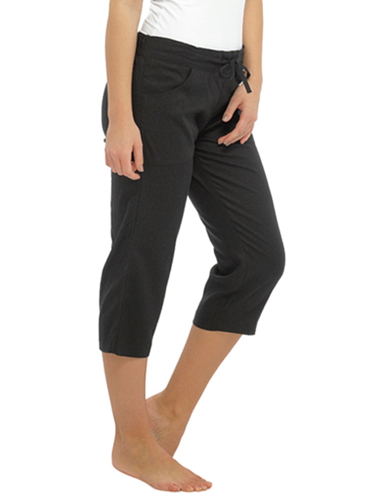 Ladies Women 3/4 Length Linen Trousers With Elasticated Waist UK18 Black