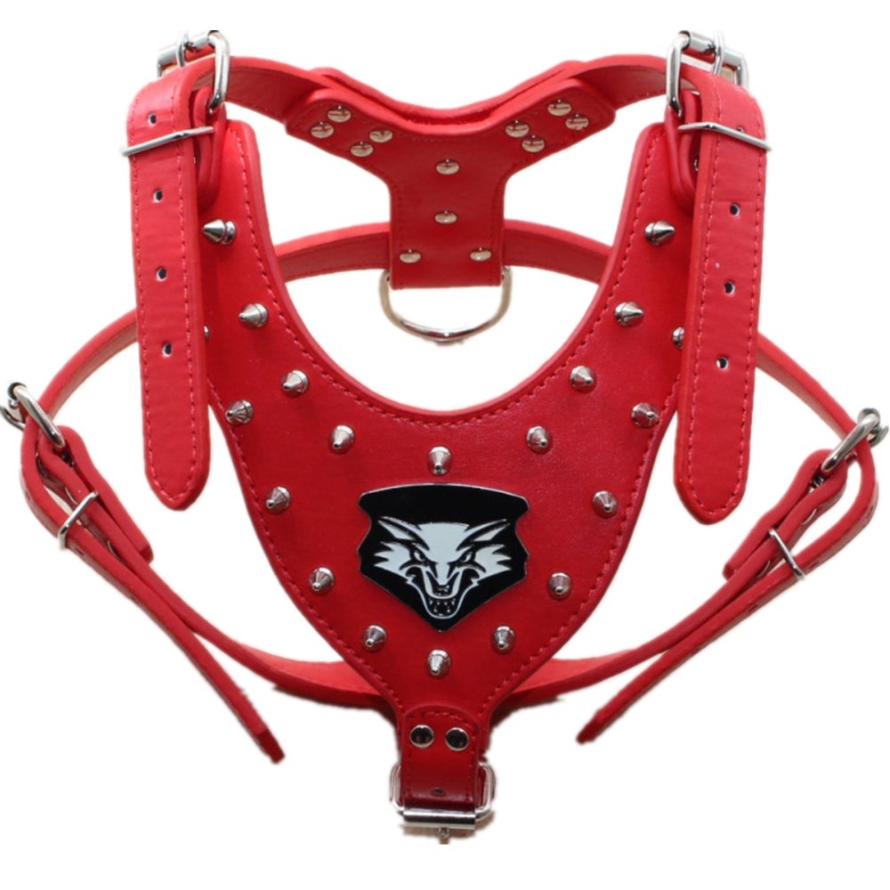 haoyueer Wolf Spiked Studded Leather Dog Harness for Medium & Large Dog Pit Bull,Mastiff, Boxer, Bull Terrier (Red)