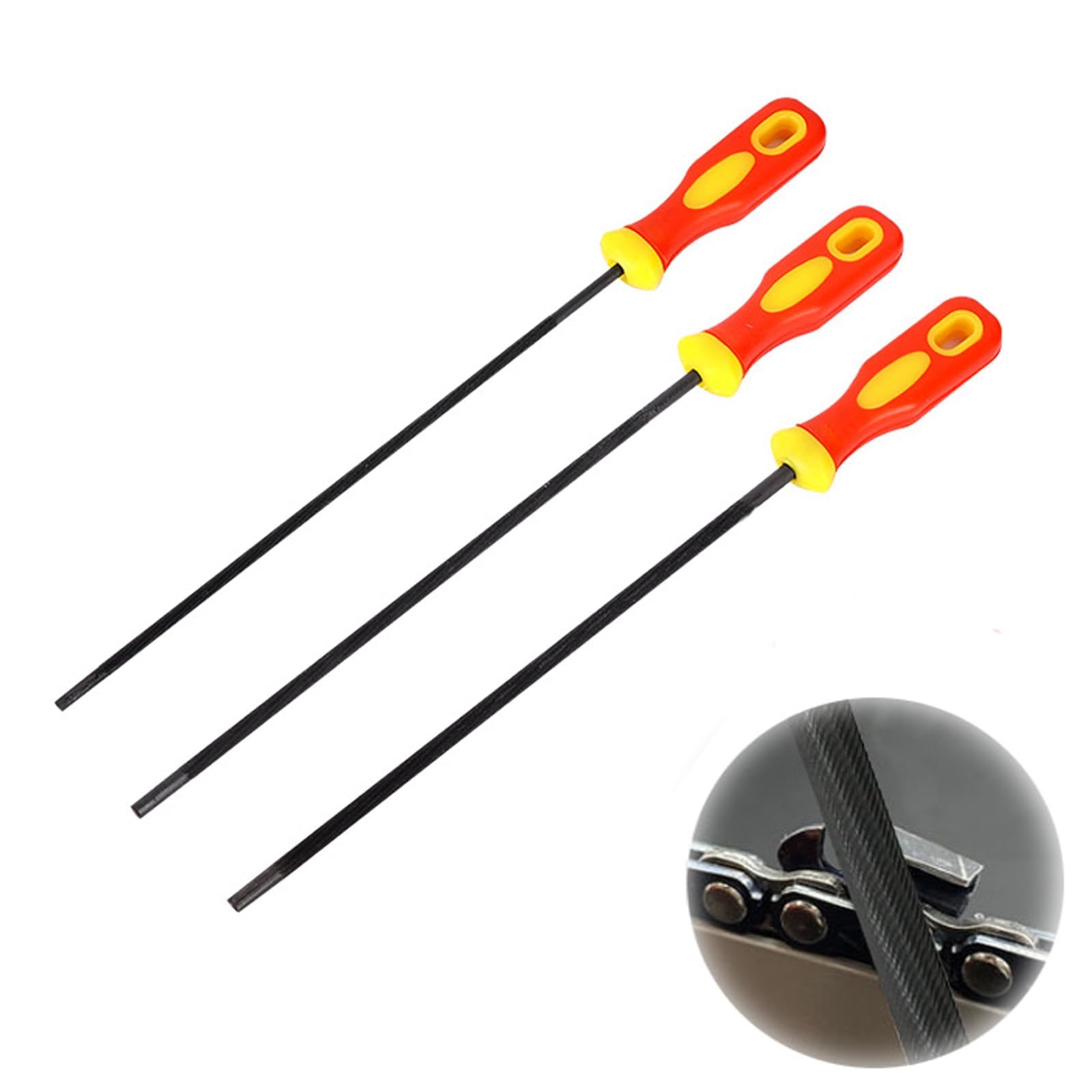 3 Pieces Chainsaw File,Chain Sharpening File,Professional Round Chainsaw Sharpener Suitable for Chainsaw Chain,Three Sizes Round Chain Saw Sharpener File with Non-slip Handle for Chainsaw,Red Yellow