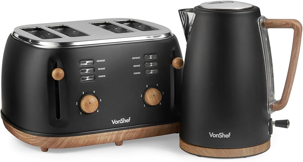 VonShef Fika Kettle & Toaster Set Nordic Black Wood 1.7L 4-Slice 3000W
