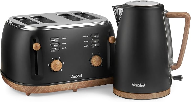 VonShef Fika Kettle & Toaster Set Nordic Black Wood 1.7L 4-Slice 3000W