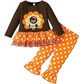 XFGLCK 1-6T Toddler Kids Baby Girls Thanksgiving Turkey Clothes Outfit Long Sleeve Ruffle Top+ Dot Pant Fall Winter 2PCS