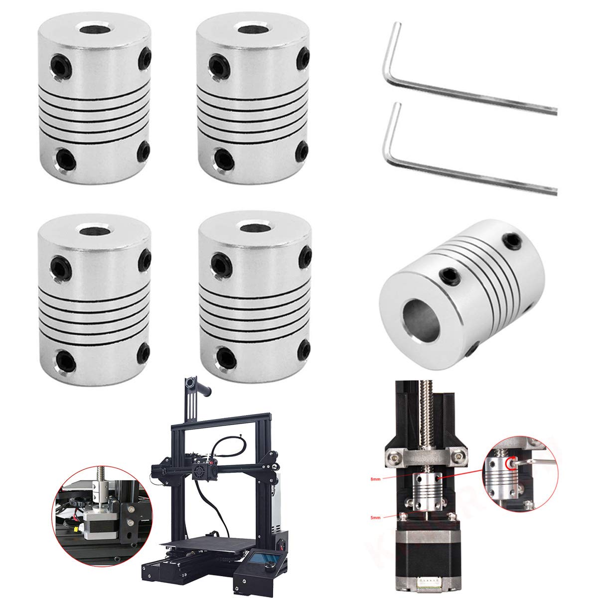 Youmile 5 Pcs Flexible Couplings 5mm to 8mm Aluminum Alloy Shaft Coupling Flexible Coupler for 3D Printer/CNC Machine with Allen Wrench