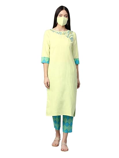 Women's pure cotton Embroidered Straight Kurta sets With Masks (Green)