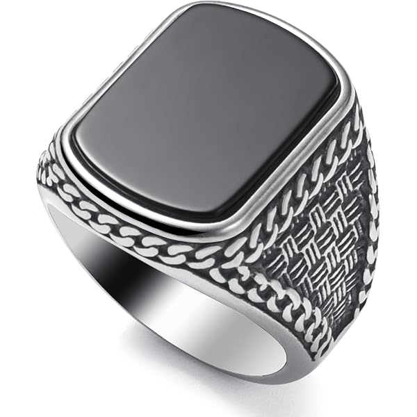 DJADEE Men's Silver Stainless Steel Ring With Black Onyx Stone – 18k White Gold Plated, 750, Polished Finish (Size Selectable)