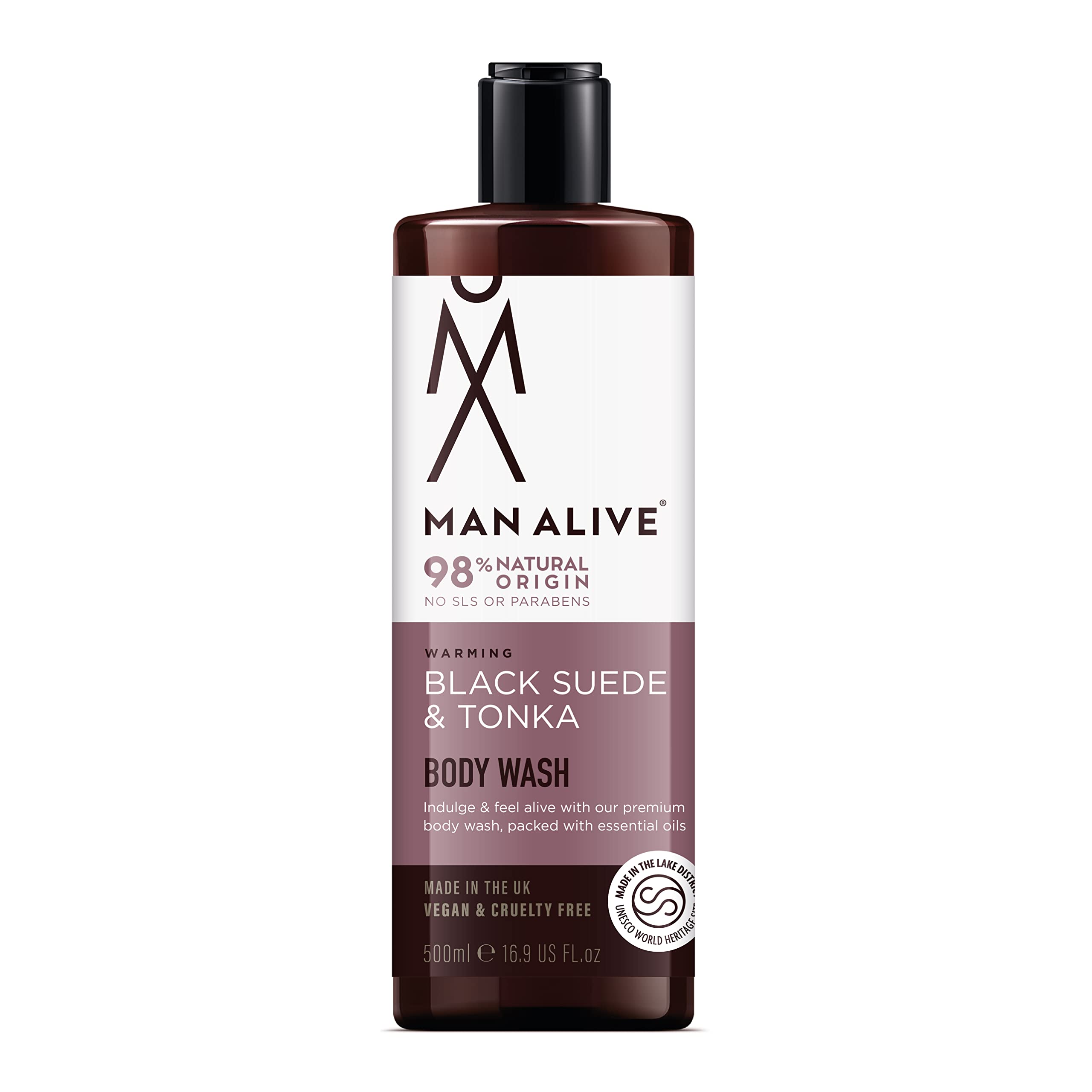 MAN ALIVE Shower Gel for men, 500ml mens body wash & face wash contains a masculine scent, Vegan, SLS Free & sulfate free formula. ideal mens grooming gifts for men (Black Suede & Tonka, Single)