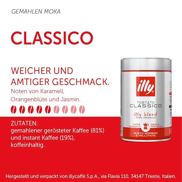 ILLY GROUND COFFEE MOKA – 100% ARABICA FLAVORED COFFEE GROUND – RICH AROMATIC COFFEE GROUNDS PROFILE – CLASSICO MEDIUM ROAST – NOTES OF CARAMEL, ORANGE BLOSSOM & JASMINE – NO PRESERVATIVES – 8.8 OUNCE