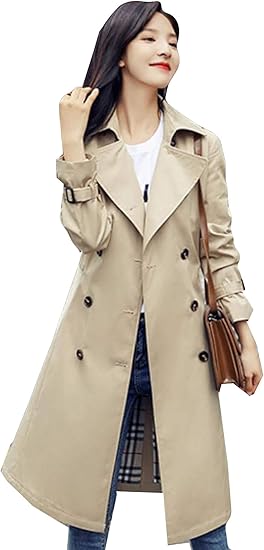 Amazon Alhyla レディース ジャケット 春秋 長袖 トレンチコート ロング丈 アウター カジュアル 無地 折り襟 エレガント おしゃれ ダブルボタン 腰ベルト付き 通勤 コート ジャケット 通販