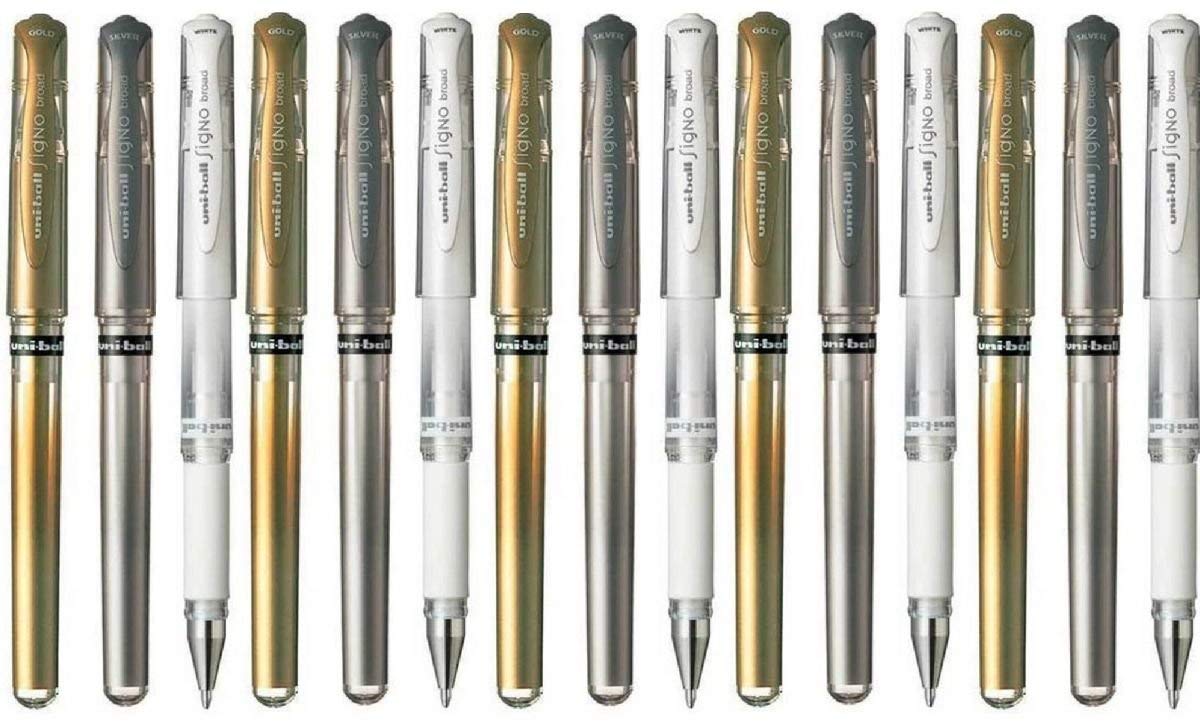 Uni Ball Assorted Colour Pack Signo Pen Broad Metallic Gel Ink Rollerball Metal 1mm Tip Nib 0.65mm Line Width With Rubber Grip UM-153 5 Of Each Colour - Gold Silver White - 15 Pens)